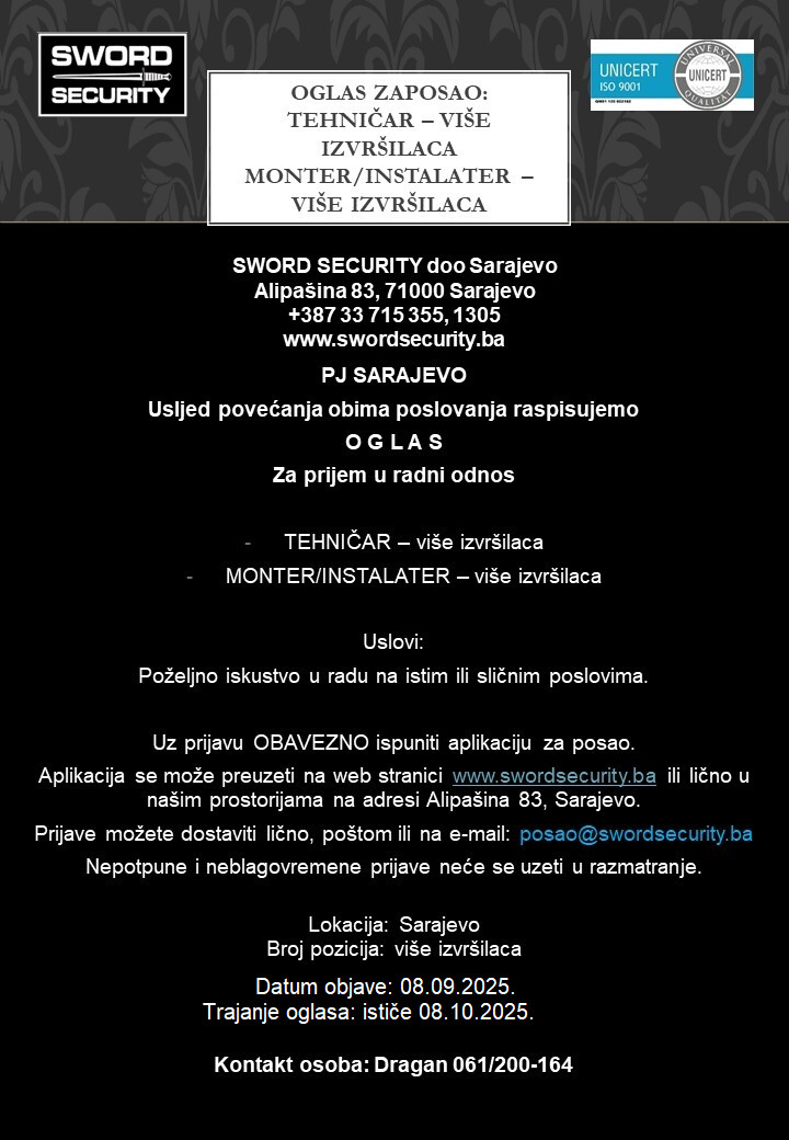 Tehničar monter - instalater (m/ž)