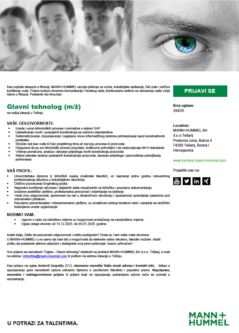 Glavni tehnolog (m/ž)