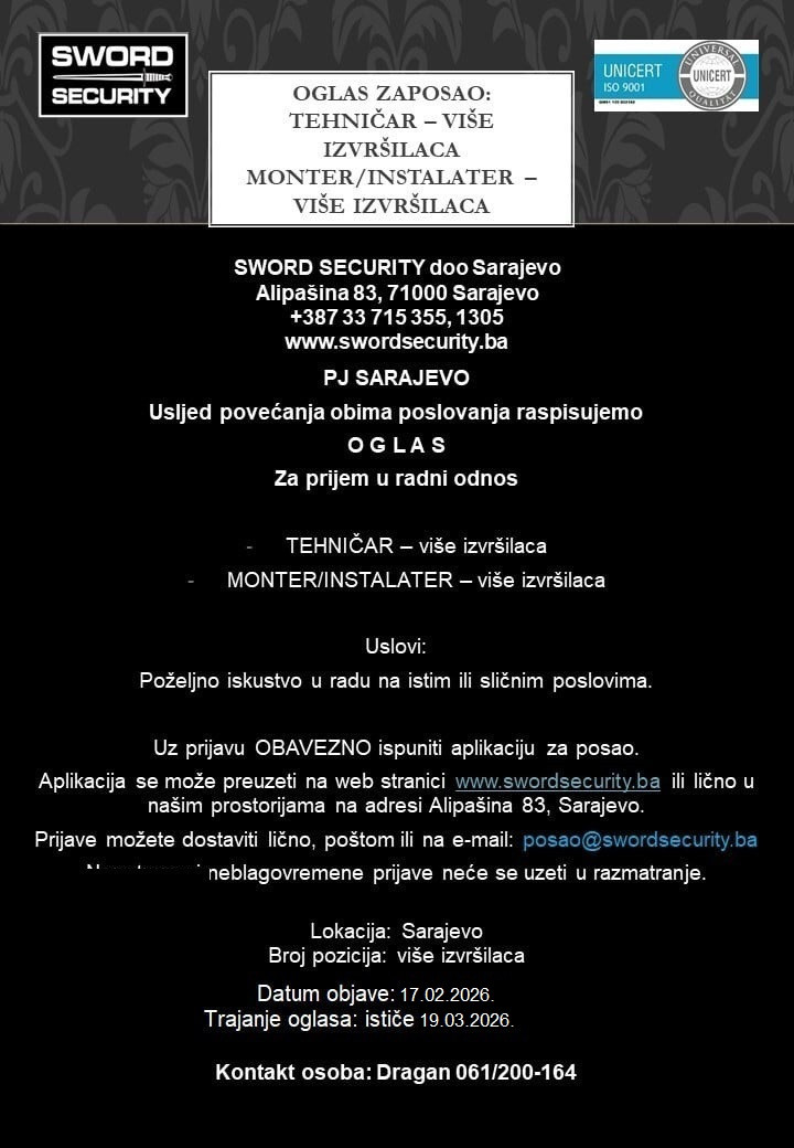 Tehničar monter - instalater (m/ž)
