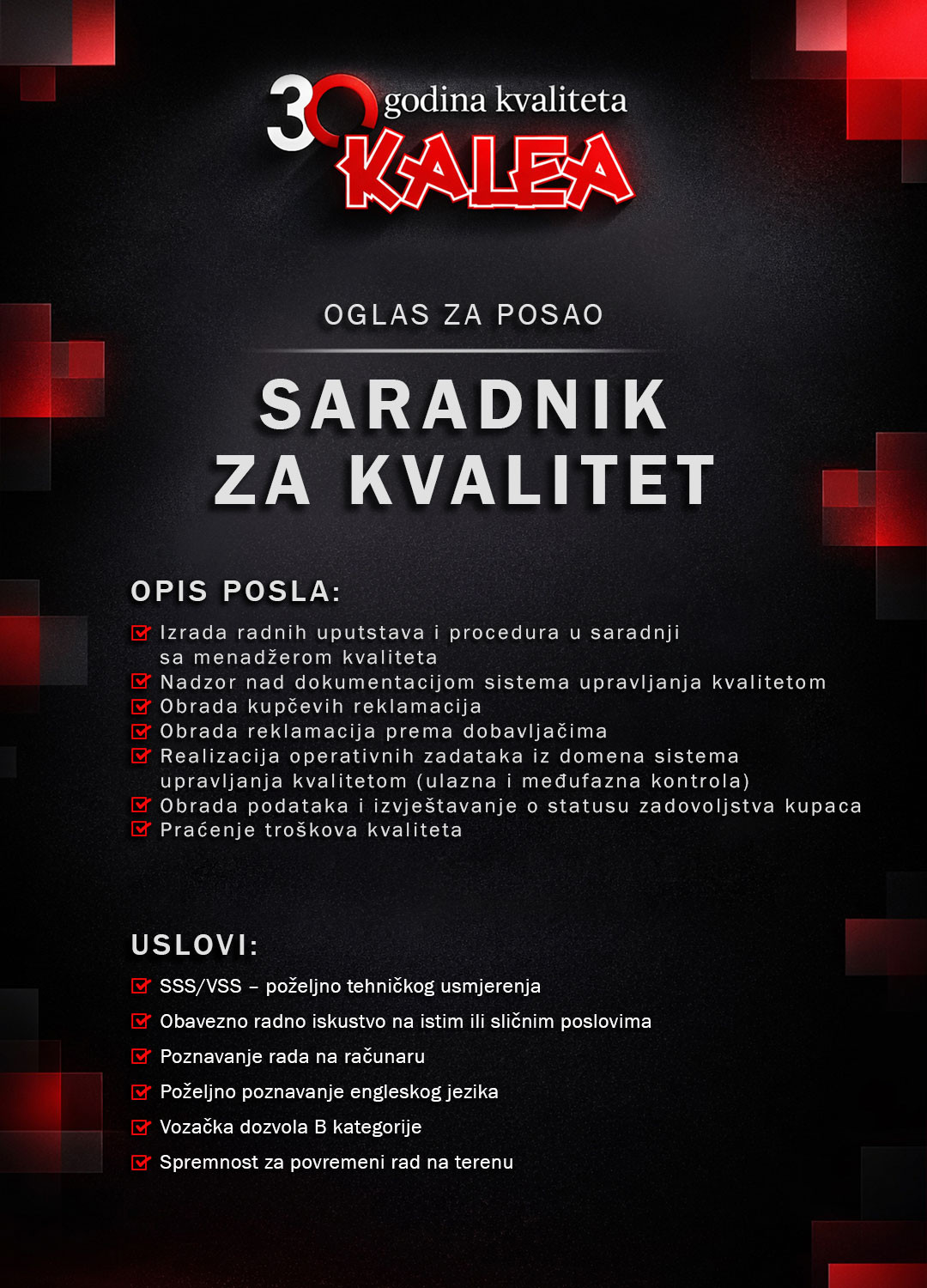 Saradnik za kvalitet (m/ž)