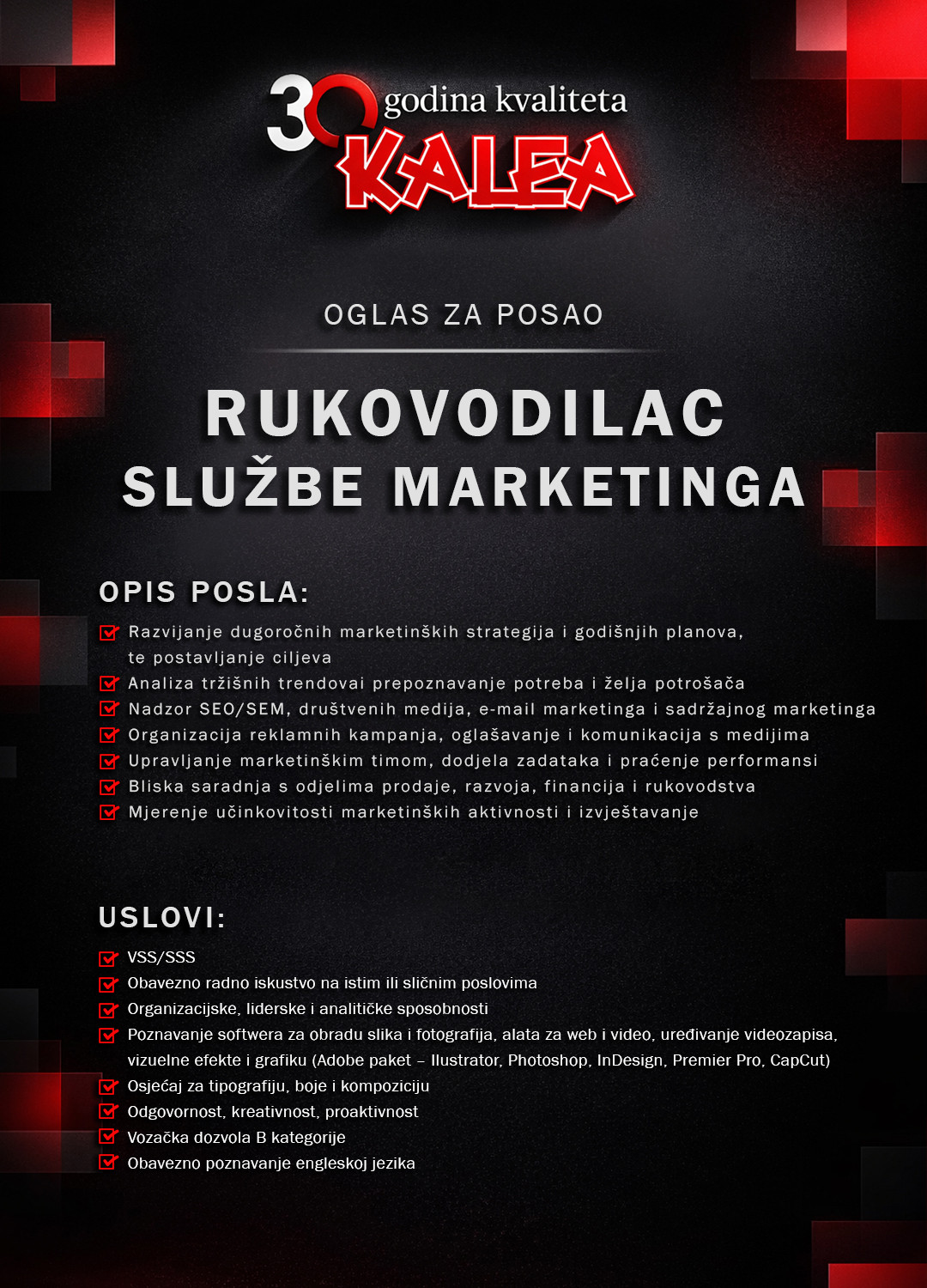 Rukovodilac službe marketinga (m/ž)