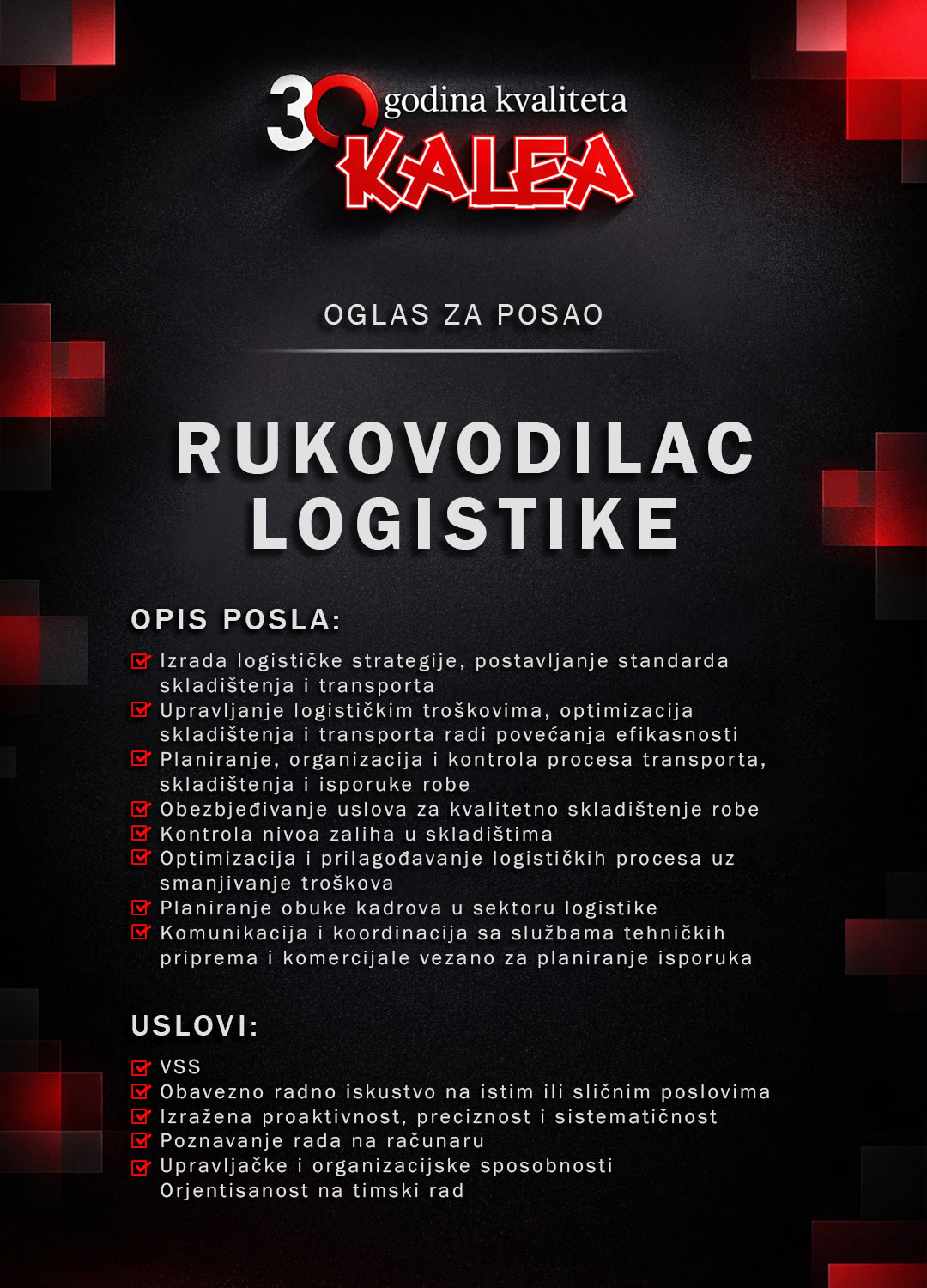 Rukovodilac logistike (m/ž)
