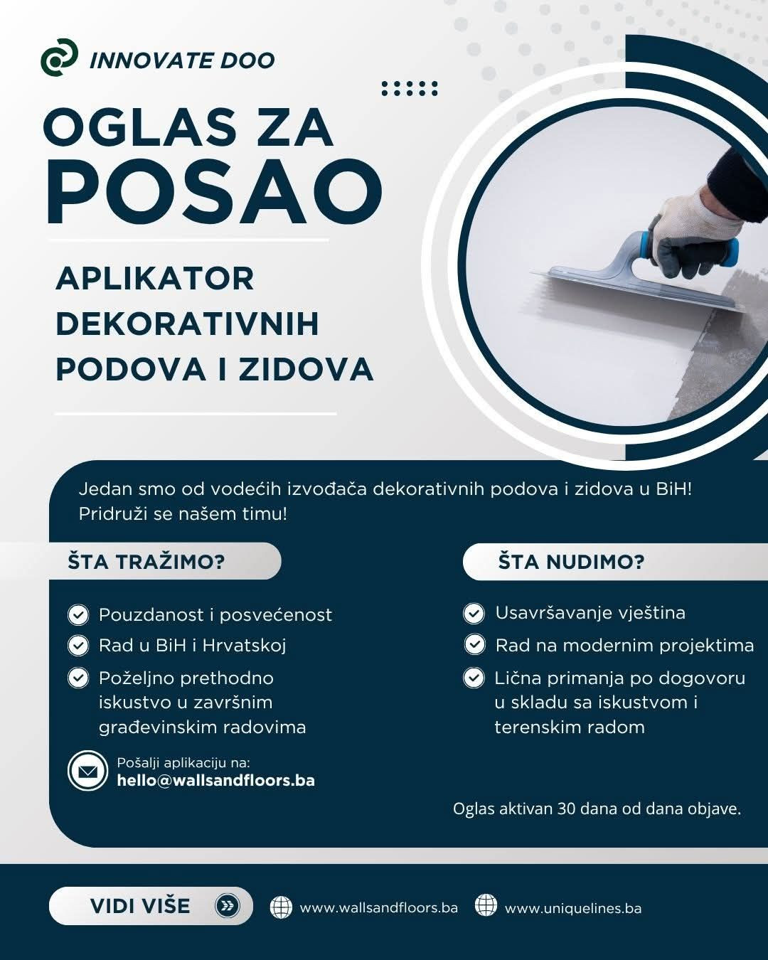 Aplikator dekorativnih podova i zidova (m/ž)