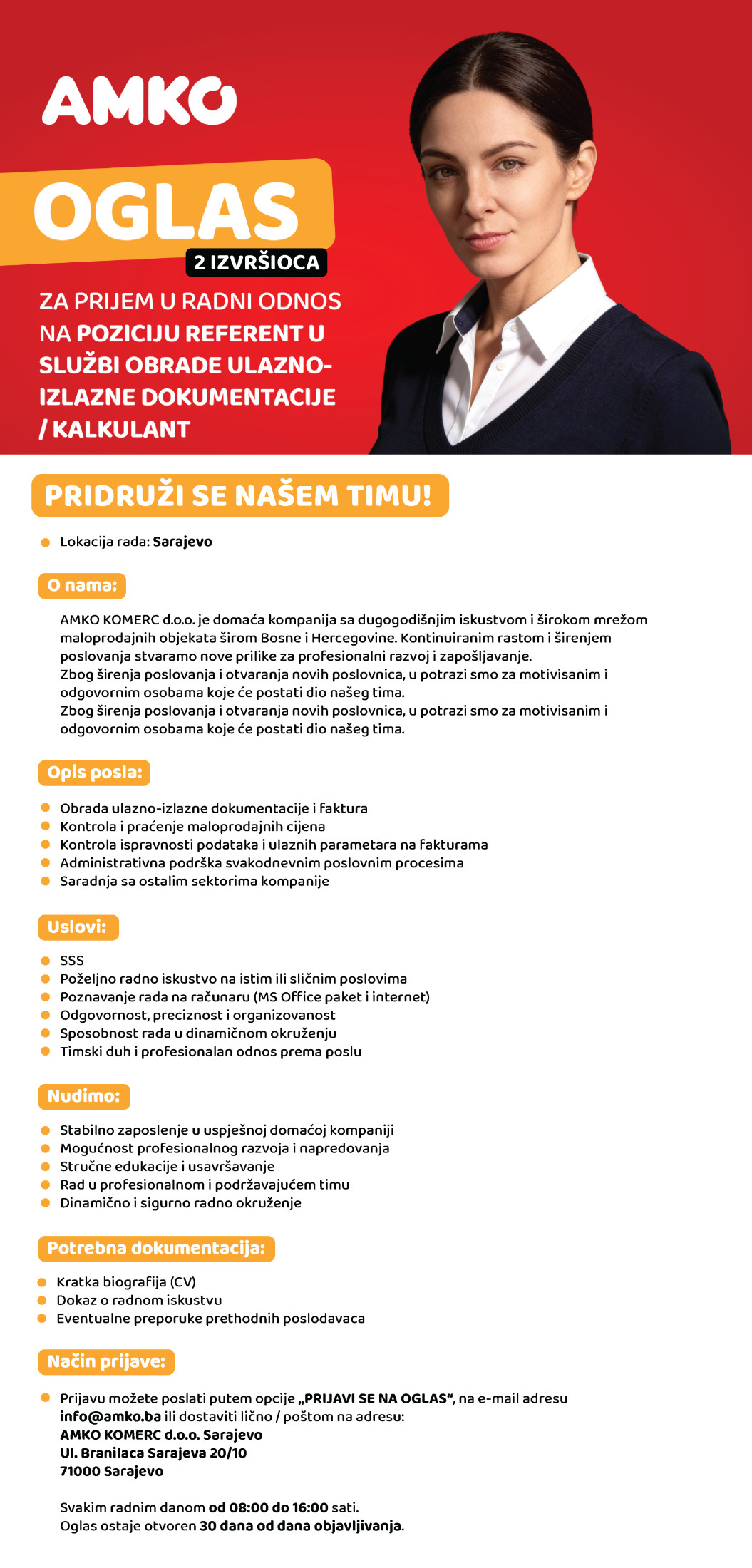 Referent u službi obrade ulazno-izlazne dokumentacije – Kalkulant (m/ž)