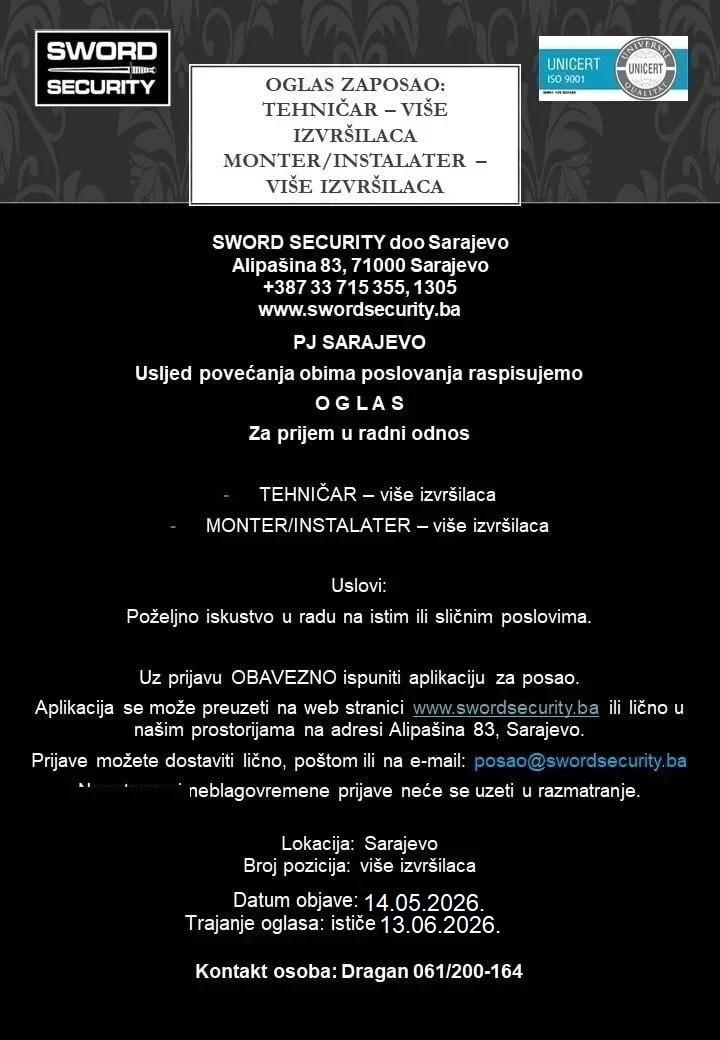 Tehničar monter - instalater (m/ž)