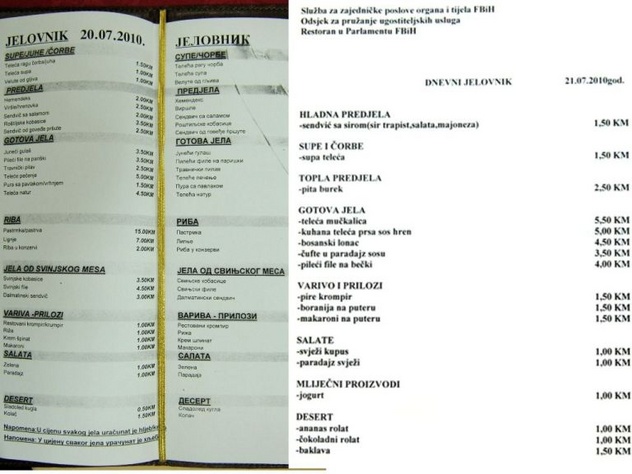 Jelovnici Parlamenta BiH i Parlamenta FBiH