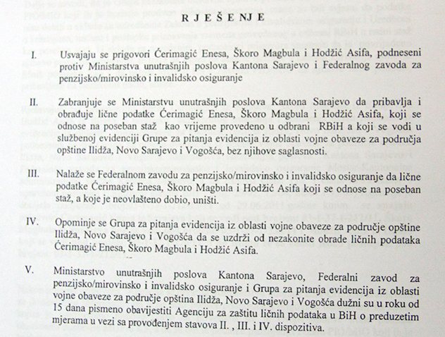 Rješenje Agencije za zaštitu ličnih podataka