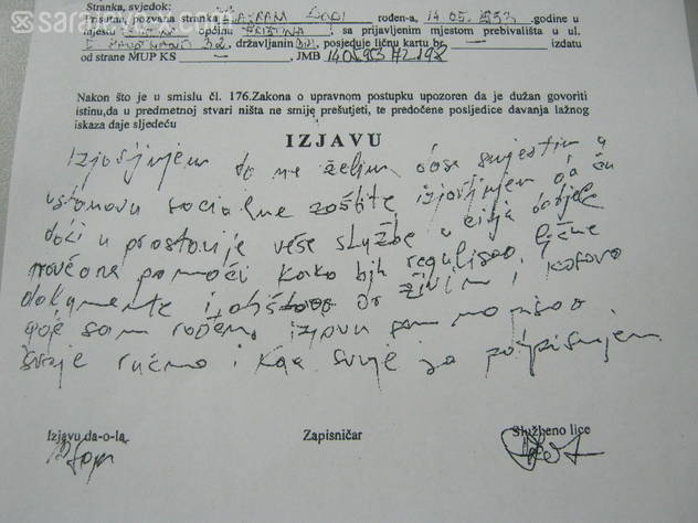 Izjava Bajrama Sopija u kojoj odbija smještaj u ustanovi socijalne zaštite (Foto: Sarajevo-x.com)