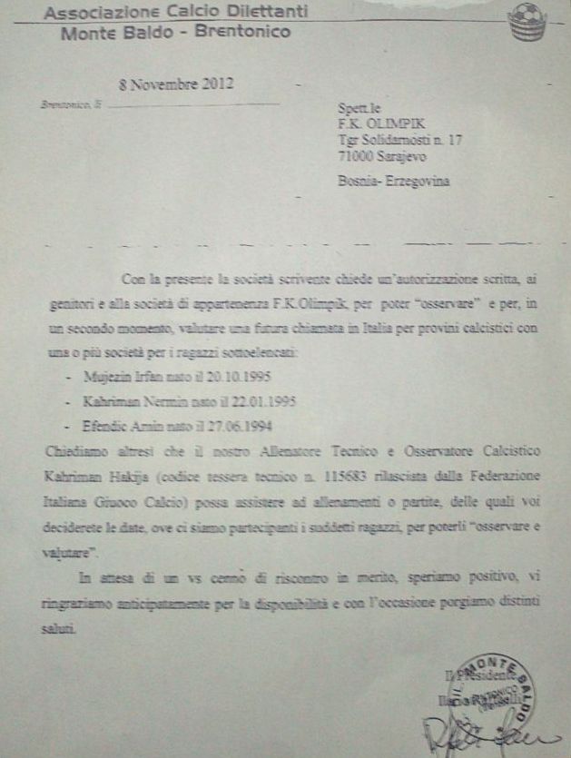 Dopis koji je u FC Olimpic stigao iz Italije