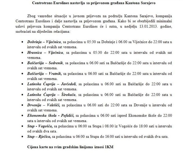 Redosljed vožnje Centrotransovih autobusa
