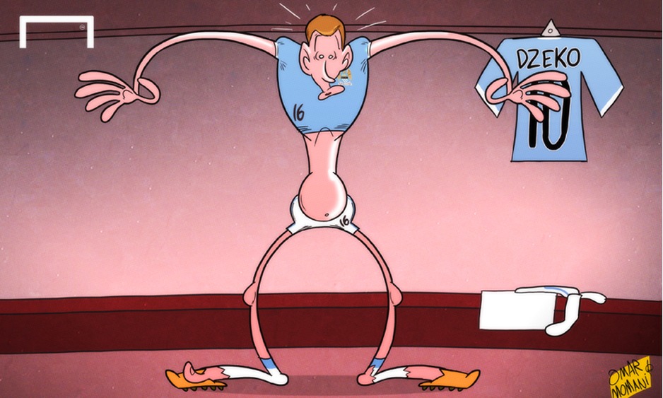 Karikatura Edina Džeke u dresu i kopačkama Kuna Aguera