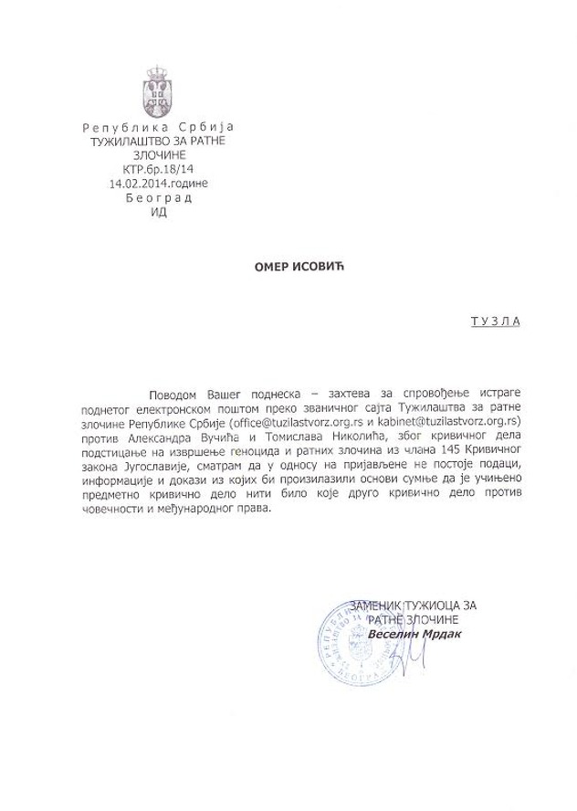 Odgovor Tužilaštva za ratne zločine Republike Srbije