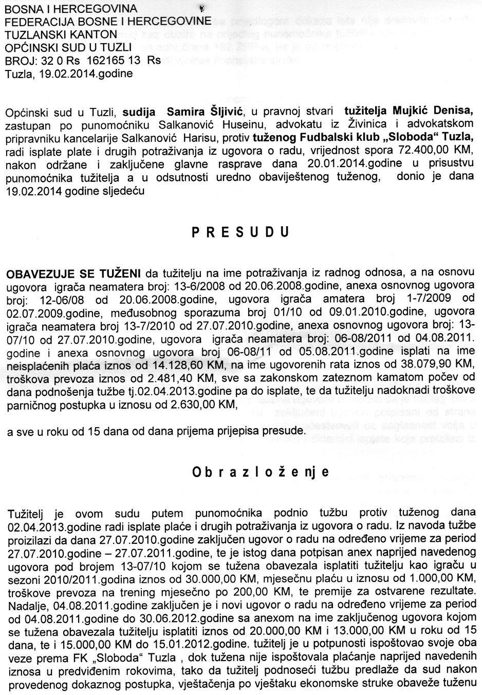 Denis Mujkić dobio tužbu, Sloboda uložila žalbu Općinskom sudu Tuzla