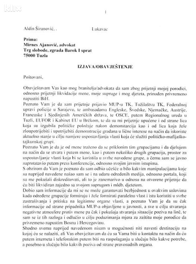 Faksimil dokumenta kojeg je Širanović poslao advokatu Ajanoviću