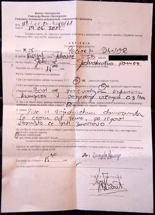 Zapisnik tima za kontrolu podjele poticaja