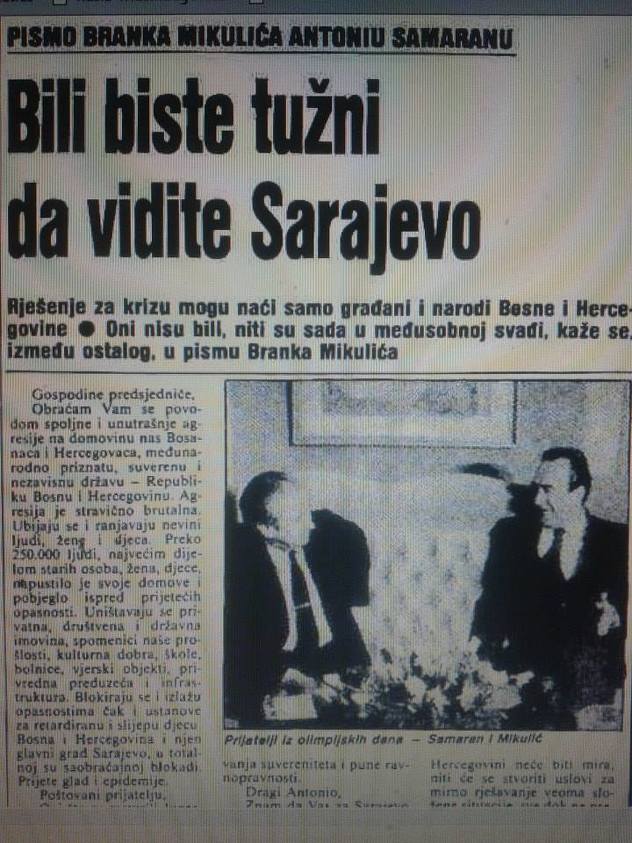 Novine u Sarajevu objavile su Mikulićevo pismo predsjedniku MOK-a