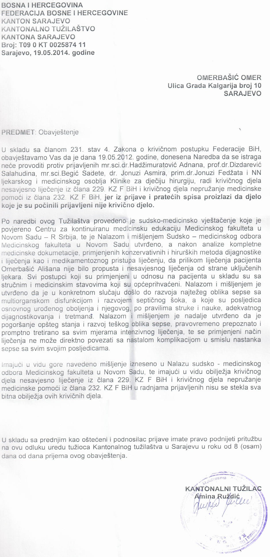 Faksimil obavještenja iz Tužilaštva KS