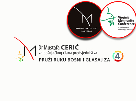 Izborni plakat Mustafe Cerića u pozadini, u gornjem uglu logo kasina i konferencije