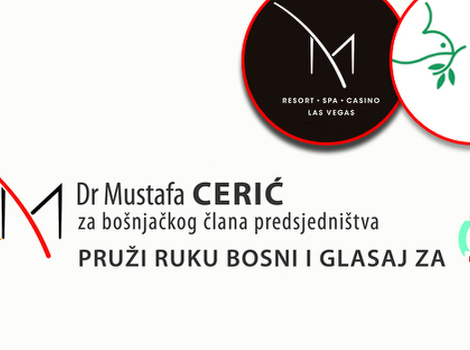 Izborni plakat Mustafe Cerića u pozadini, u gornjem uglu logo kasina i konferencije