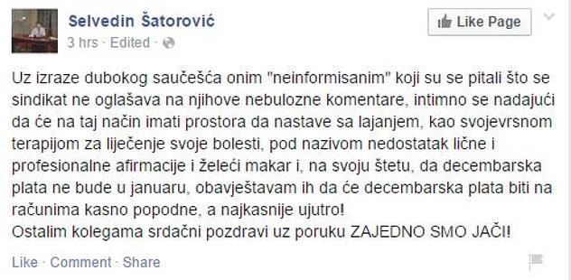 Sporni post na Facebooku (Foto: Klix.ba)