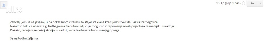 Odgovor iz kabineta Bakira Izetbegovića