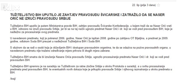 Saopštenje Tužilaštva BiH