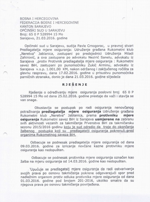 Rješenje Općinskog suda u Sarajevu