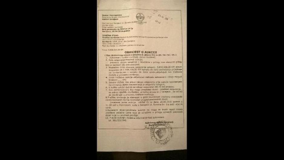 Obavijest o aukciji koju je dostavio Općinski sud u Sarajevu