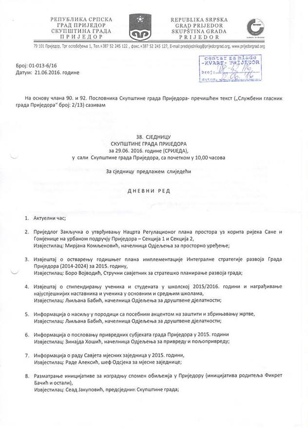 Inicijativa koja je uvrštena na Dnevni red Skupštine grada Prijedora