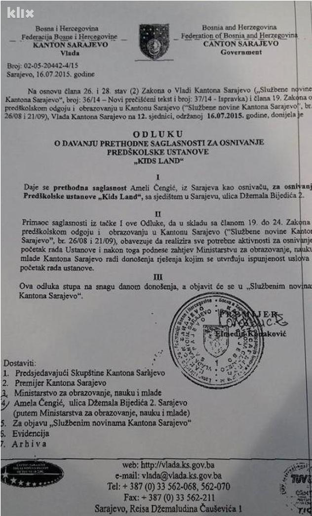 Saglasnost za osnivanje vrtića Kids Land (Foto: Klix.ba)