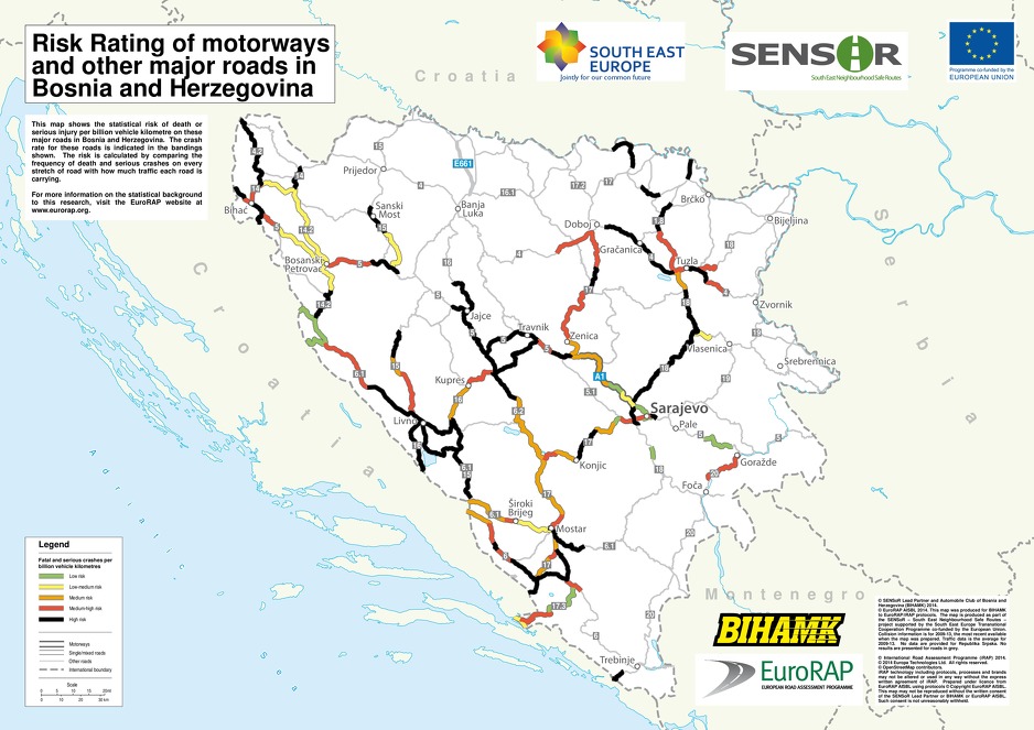 Mapa rizika magistralnih cesta u Federaciji BiH (uvećati za bolji prikaz)