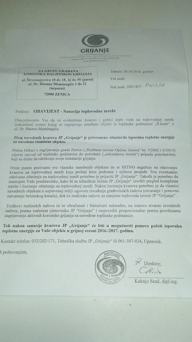 Pismo JP Grijanje građanima Zenice