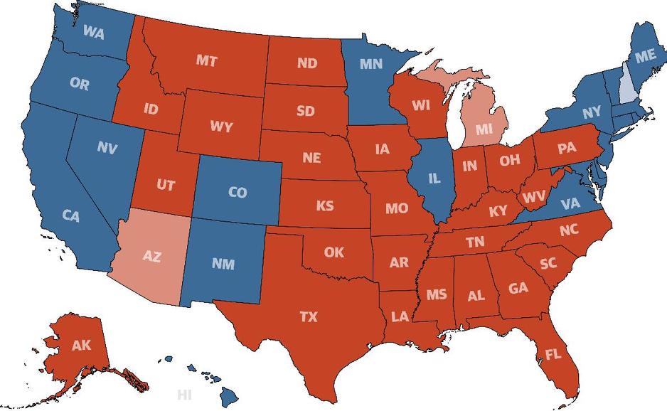 Mapa na datum 10. novembar (glasovi u Michiganu još nisu preborajani, ali Trump vodi)