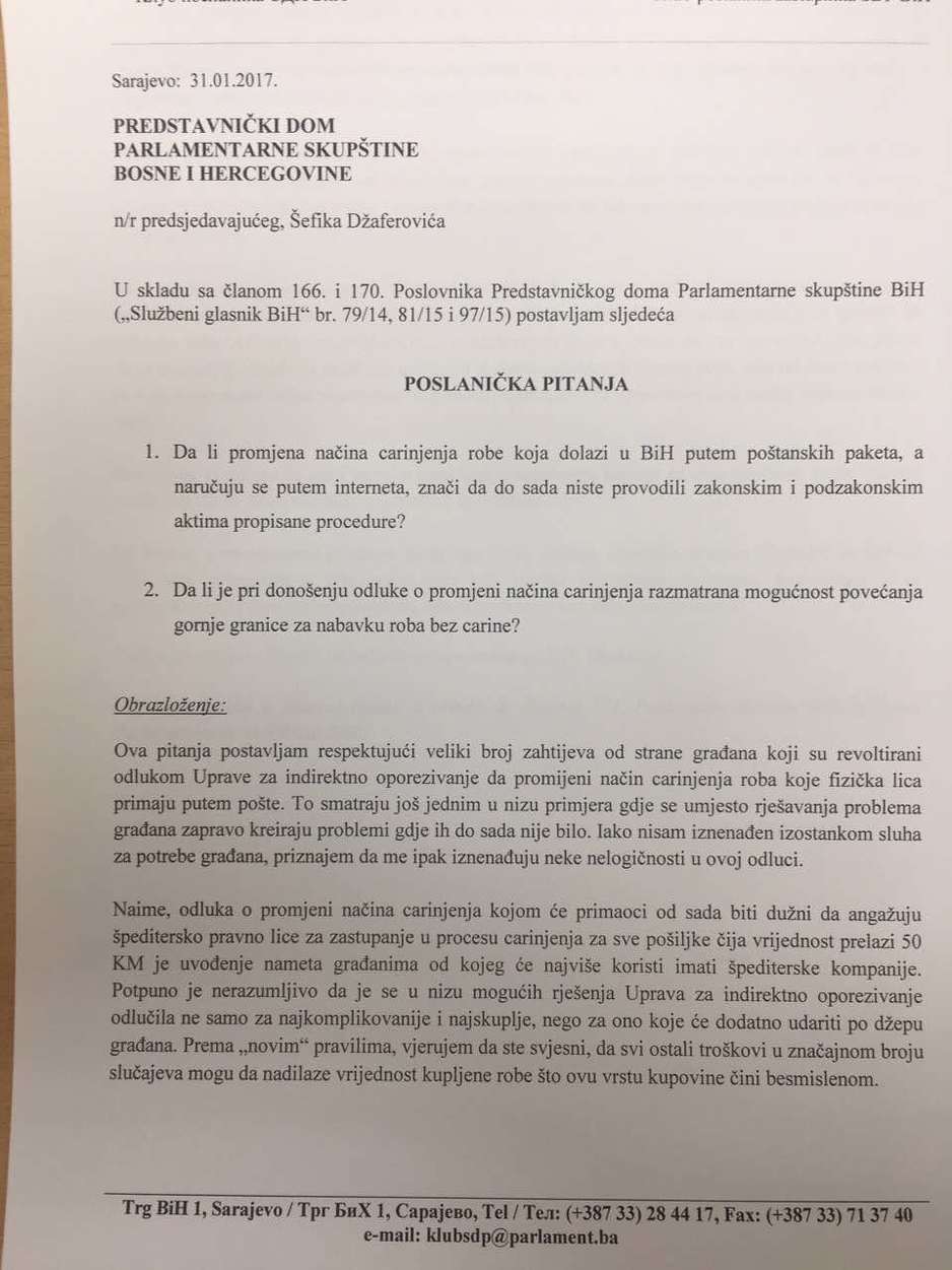Pismo upućeno Upravi za indirektno oporezivanje BiH