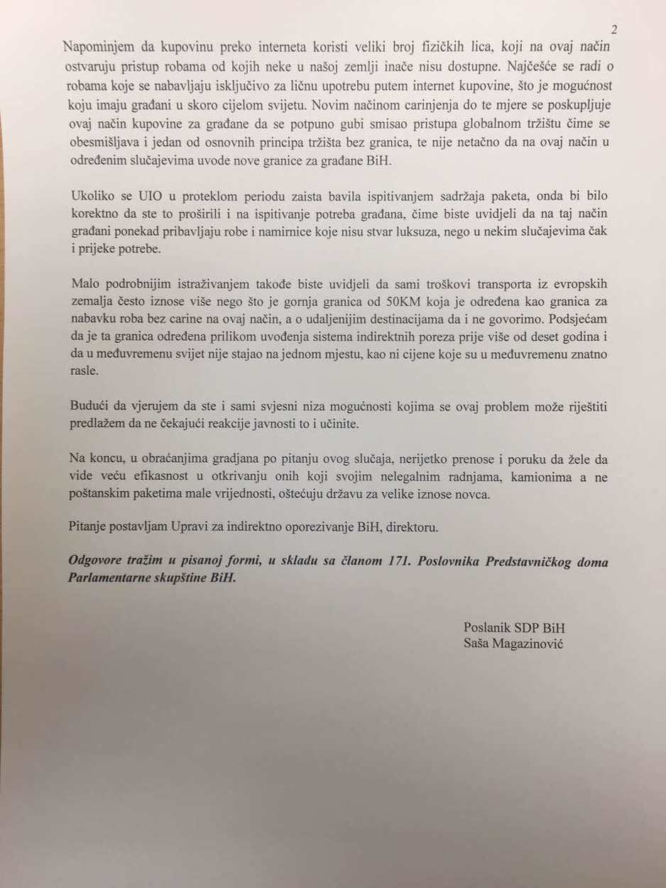 Pismo upućeno Upravi za indirektno oporezivanje BiH
