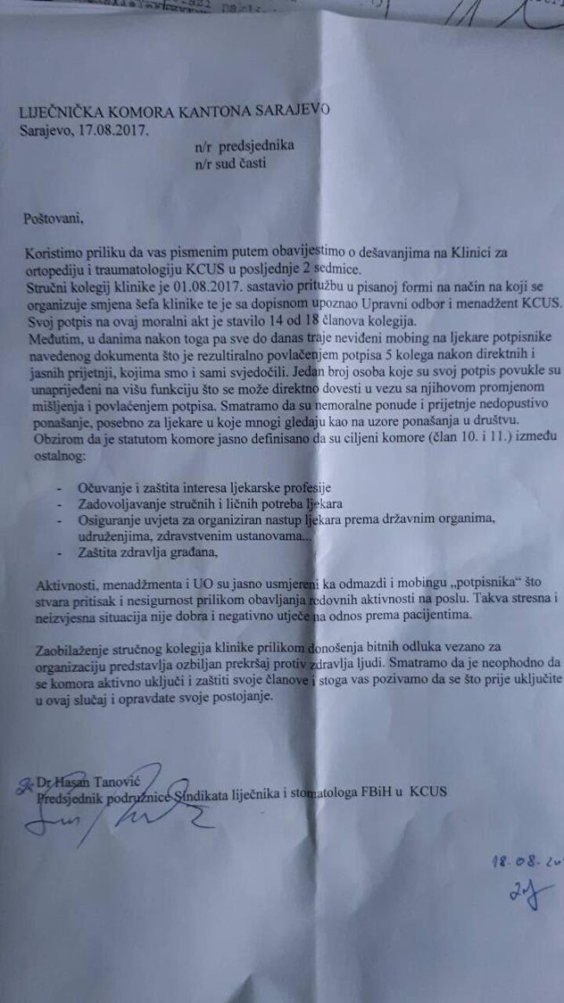 Dopis podružnice Sindikata Ljekara i stomatologa FBiH
