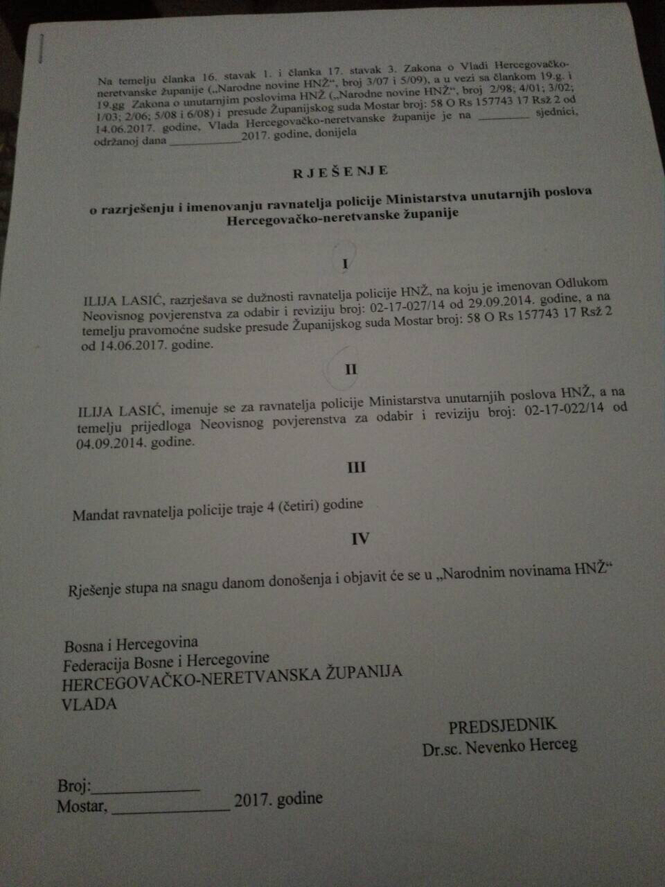 Rješenje o razrješenju i imenovanju ravnatelja policije MUP-a HNK