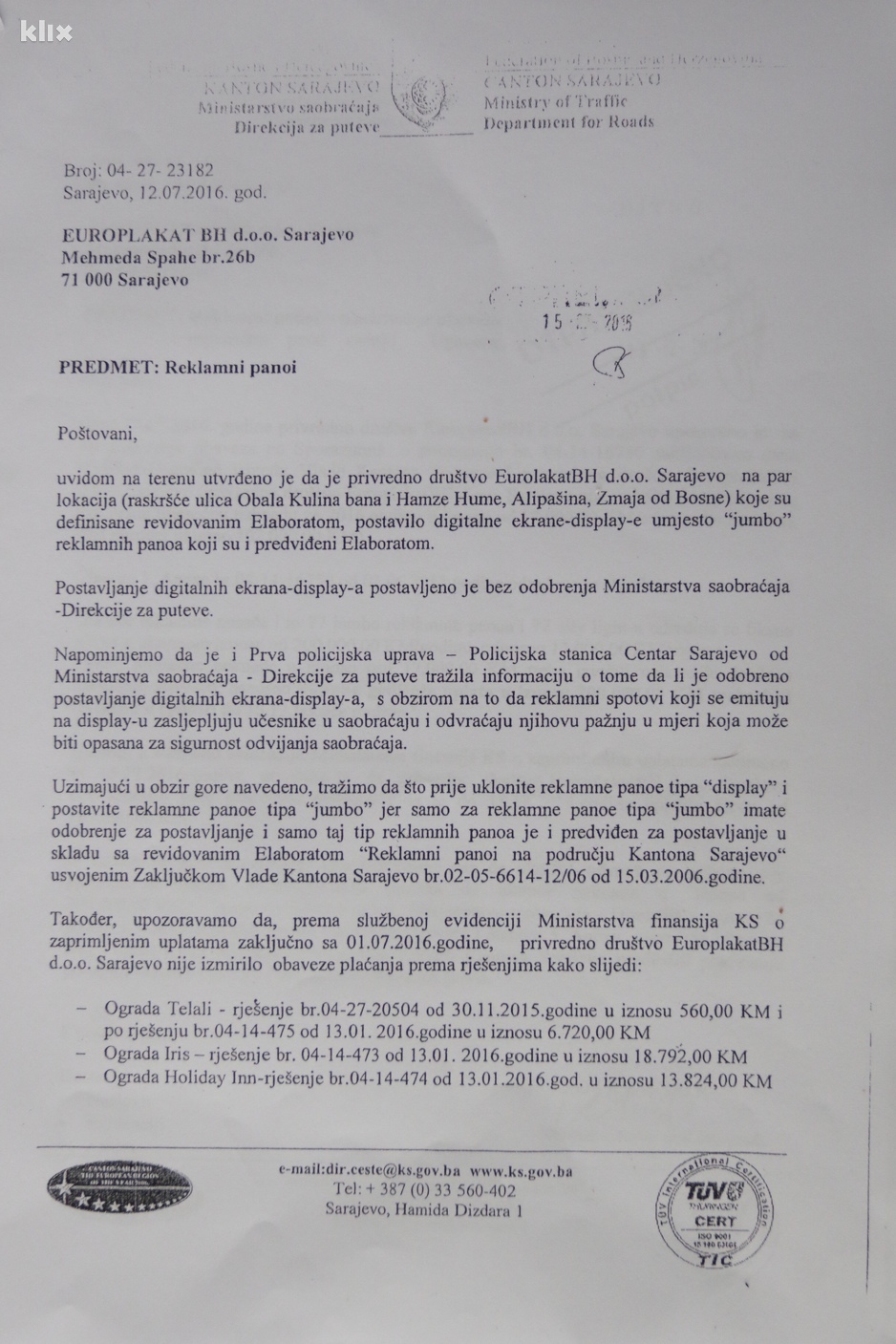 Upozorenje o kršenju ugovora (Foto: D. S./Klix.ba)