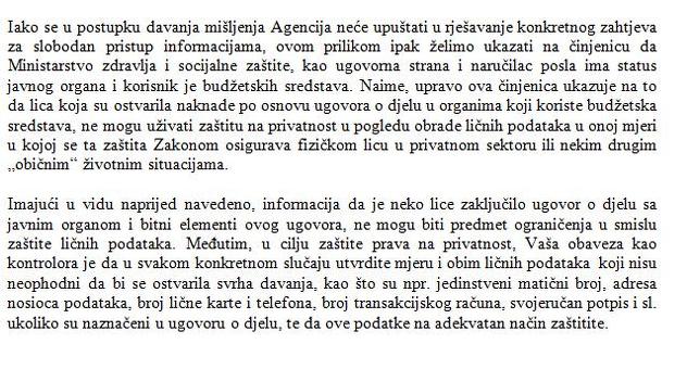 Mišljenje Agencije za zaštitu ličnih podataka: Ugovori o djelu
