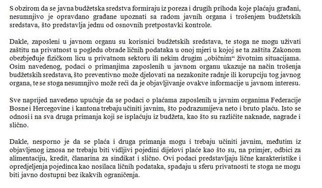 Mišljenje Agencije za zaštitu ličnih podataka: Plaće uposlenih