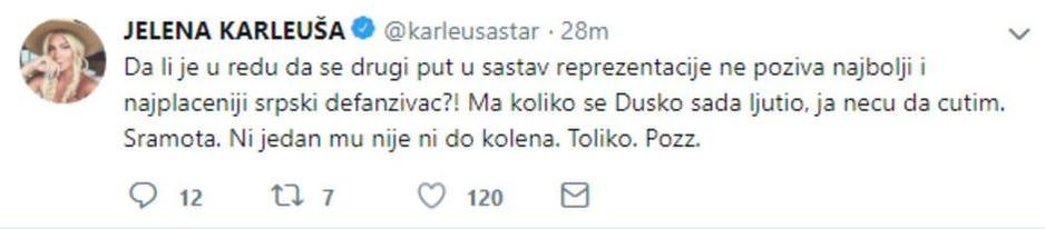 Komentar Jelene Karleuše na Twitteru