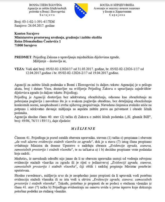 Mišljenje o Prijedlogu Zakona o upravljanju zajedničkim dijelovima zgrade
