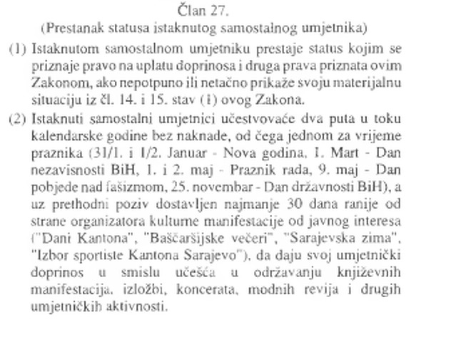 Iz Zakona o istaknutim samostalnim umjetnicima