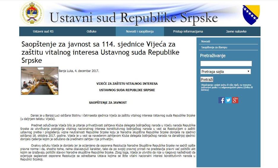 Saopćenje za javnost Ustavnog suda RS-a