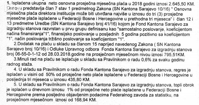 Plaća direktora Fonda Kantona Sarajevo za izgradnju stanova