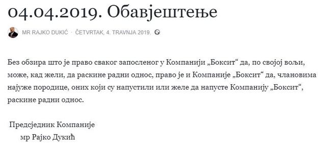 Obavještenje objavljeno na Facebooku