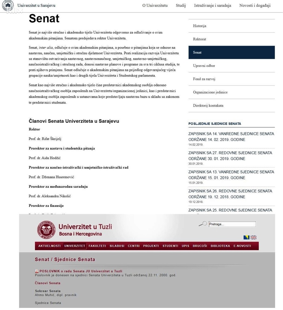 Primjer o objavi informacija Senata UNSA i UNTZ