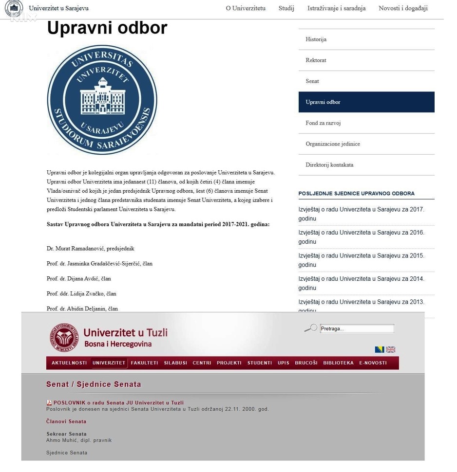 Primjer o objavi informacija Upravnog odbora UNSA i UNTZ