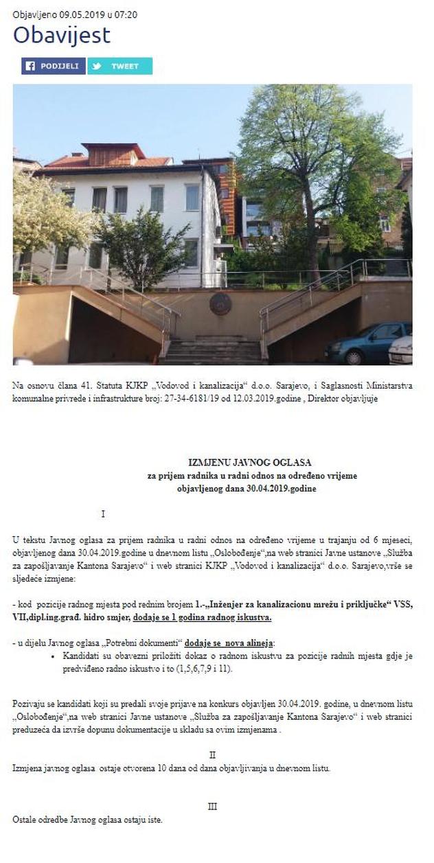 Izmijenjeni tekst oglasa
