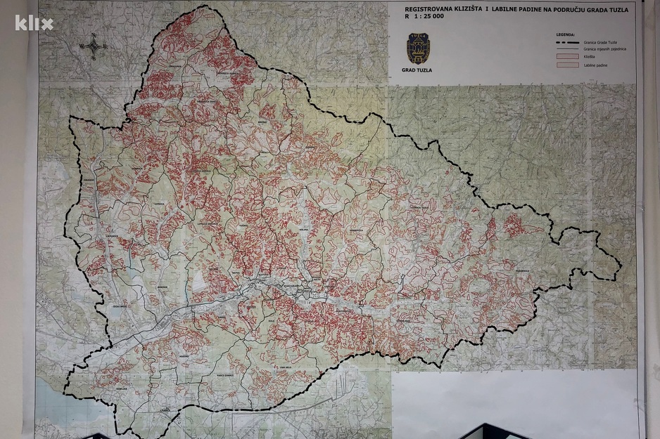 Mapa registrovanih klizišta u Tuzli (Foto: A. K./Klix.ba)